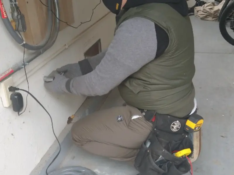 Electrician performing outlet wiring in a Theodore garage